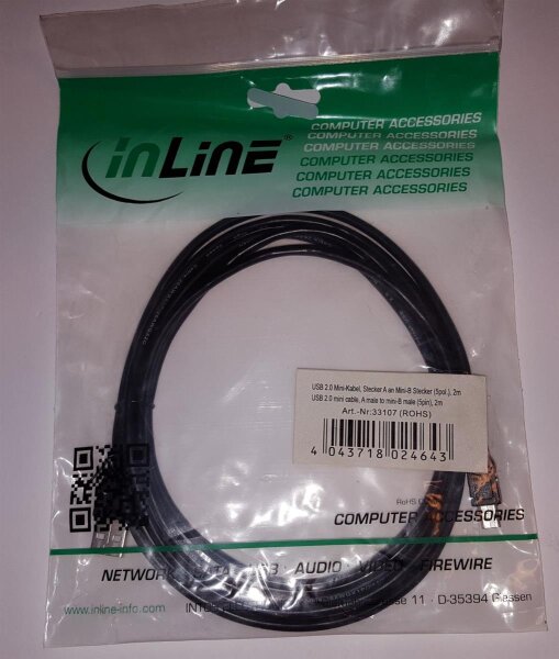 3´er Set InLine USB 2.0 Mini-Kabel, Stecker A an Mini-B Stecker (5pol.), schwarz, 2m